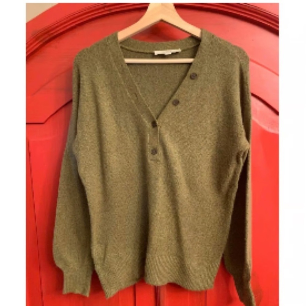 LOFT Olive Green V Neck Sweater with Button Derails, L - Picture 2 of 7